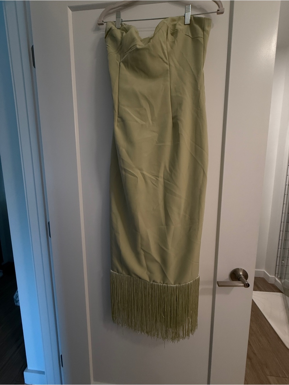 Missguided Light Green Strapless Fringe Hem Wedding Dress